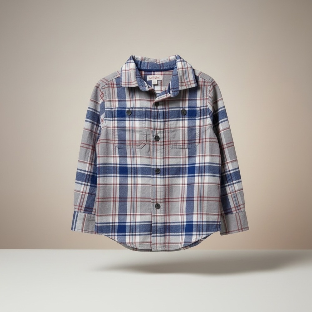 Cat & Jack Boys Blue Grey Red Plaid Flannel Button Down Shirt Long Sleeve Size S